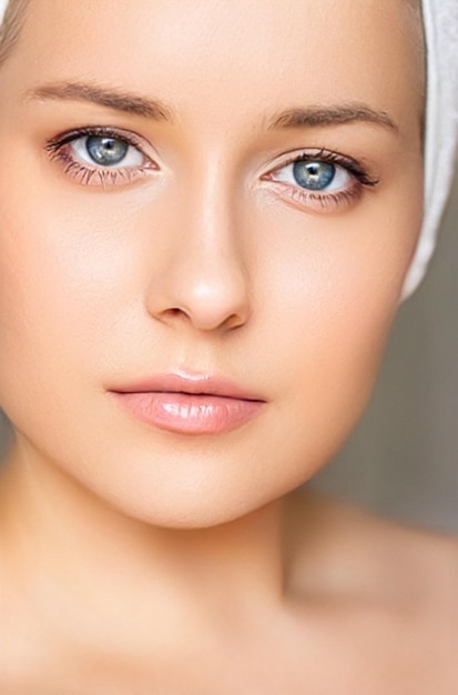 Skin care and beauty routine beautiful woman with white towel wrapped around head skincare cosmetics and face cosmetology