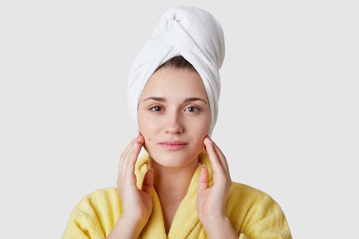 Photo skin care concept. close up shot of attractive young lady has flawless skin