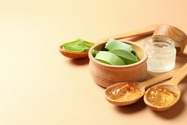 Skin care concept with aloe vera on beige background