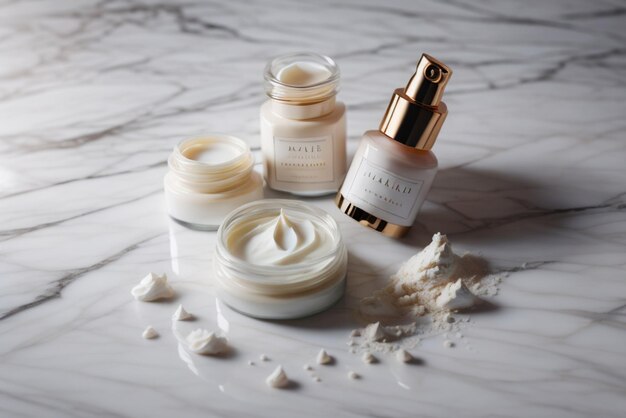 Photo skin care cosmetics white bottle and jar with cream on a marble generated by ai