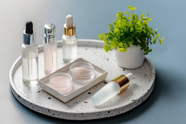 Skin care essence serum bottles with dropper on marble cosmetic tray on light background Vitamins for skin Hydrating anti aging serum and cream with collagen and peptides Cosmetic nature concept