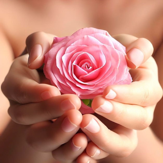 Photo skin care hands with pink rose head