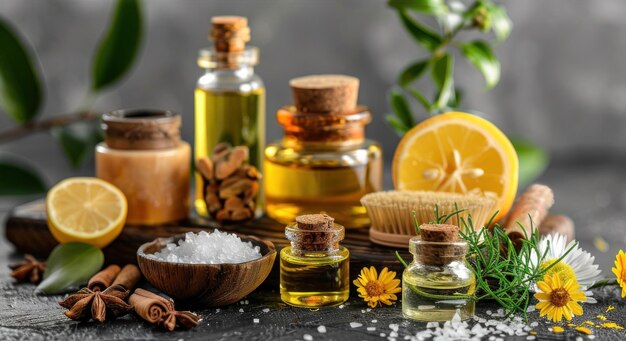 Skin care oil natural cosmetics and spa treatments showcased against a gray background