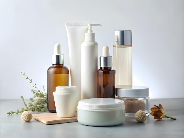 Skin care products on white gleaming with pure freshness