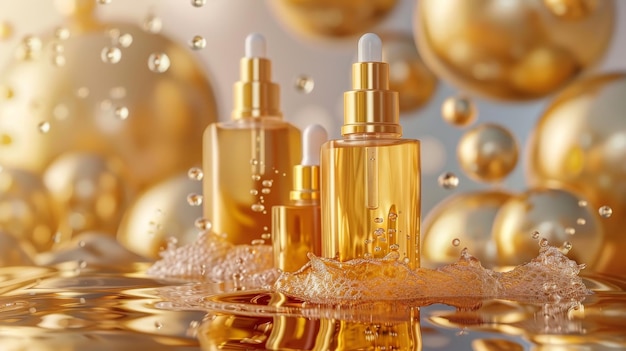 Photo skin care products with 3d rendering of gold collagen serum and vitamin hyaluronic acid