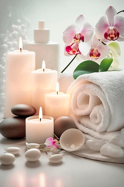 Skin care spa set decoration candle and towels oil bottle and green leaves and blossoms Generative AI