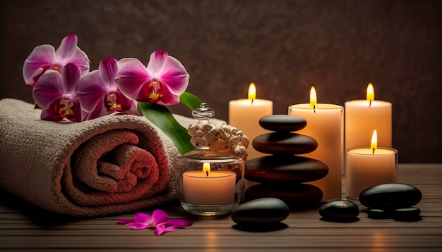 Skin care spa set decoration candle and towels oil bottle and green leaves and blossoms Generative AI