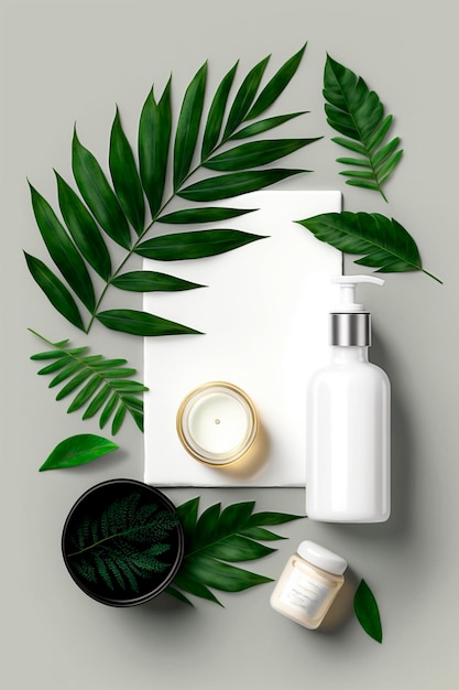 Skin care spa set decoration candle and towels oil bottle and green leaves and blossoms Generative AI