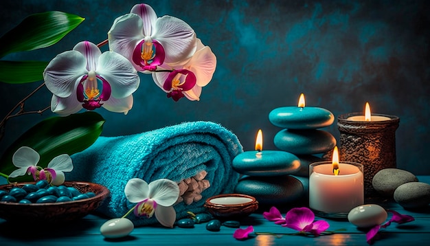 Skin care spa set decoration candle and towels oil bottle and green leaves and blossoms Generative AI