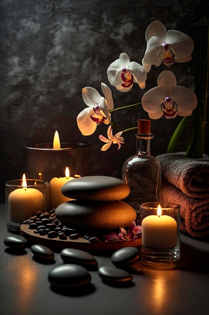 Photo skin care spa set decoration candle and towels oil bottle and green leaves and blossoms generative ai