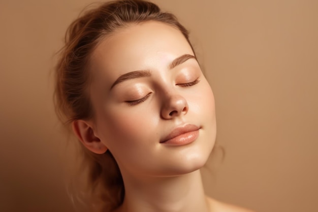 Skin care therapy hydration rejuvenation cosmetology moisturising treatment cleansing text beuaty portrait of young woman with closed eyes posing against beige background