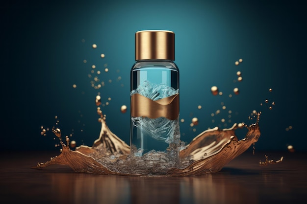 Skin care tonic water bottle template in liquid splash Teal and gold micellar container mockup