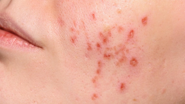 Photo skin healing period after erbium laser facial resurfacing treatment of ice pick scars day 1