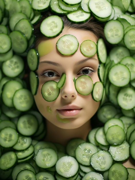 Skin Soothing Joy Smiling Girl with Cucumber Slices