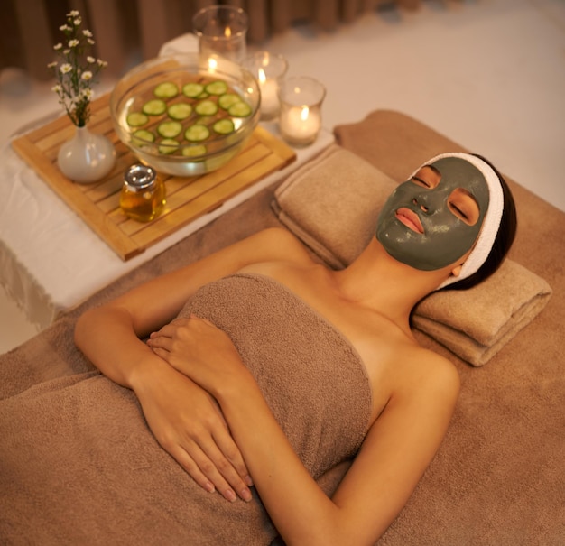 skincare beauty and woman with face mask at spa for healthy smooth skin and cosmetic wellness luxury hotel sleep and female person with product for dermatology natural facial and collagen