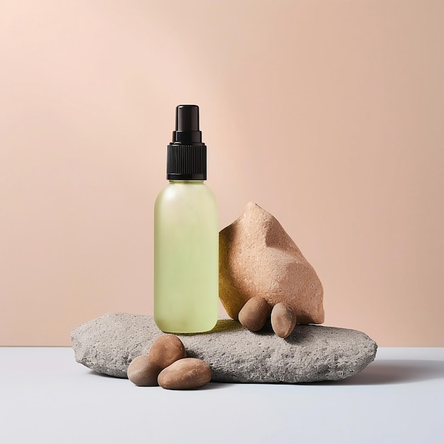 Skincare bottle of liquid with a stone decorative