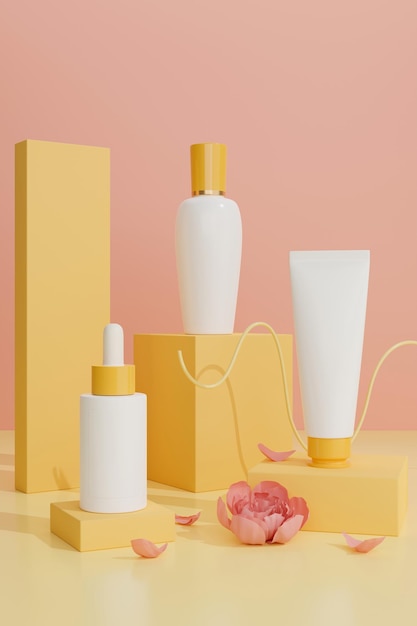 Skincare bottle mockup with droplet bottle and tube on pedestal over pink background 3d render