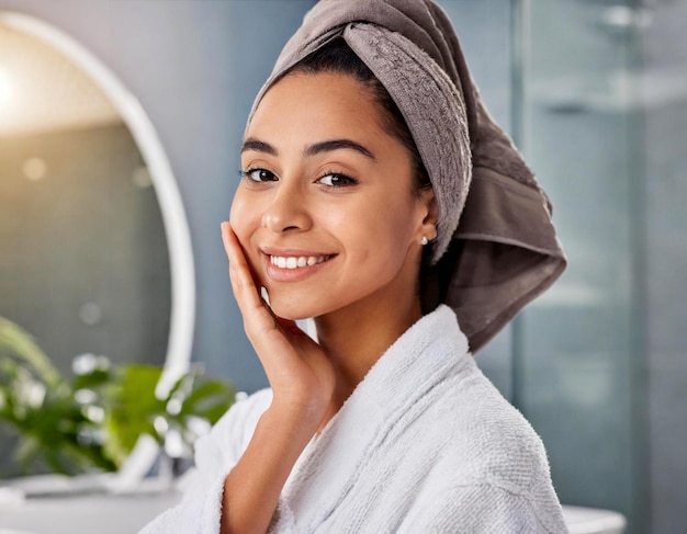 Уход за кожей брюнетка счастливый и улыбающийся портрет женщины в ванной с косметическим здоровьем и благополучием