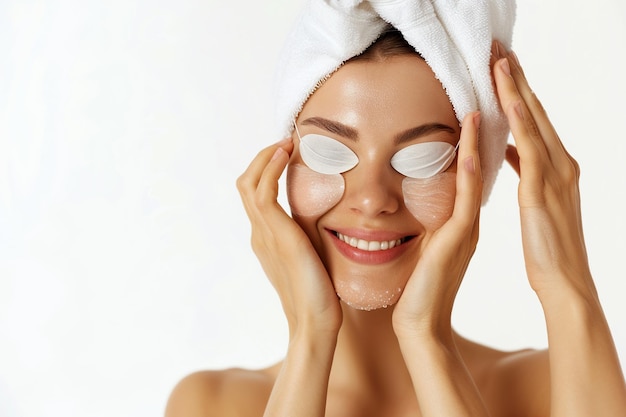 Фото Уход за кожей веселая молодая женщина улыбается, наносит косметические повязки на глаза, маска уменьшает морщины, носит обернутое полотенце на голове, изолирована на белом фоне.