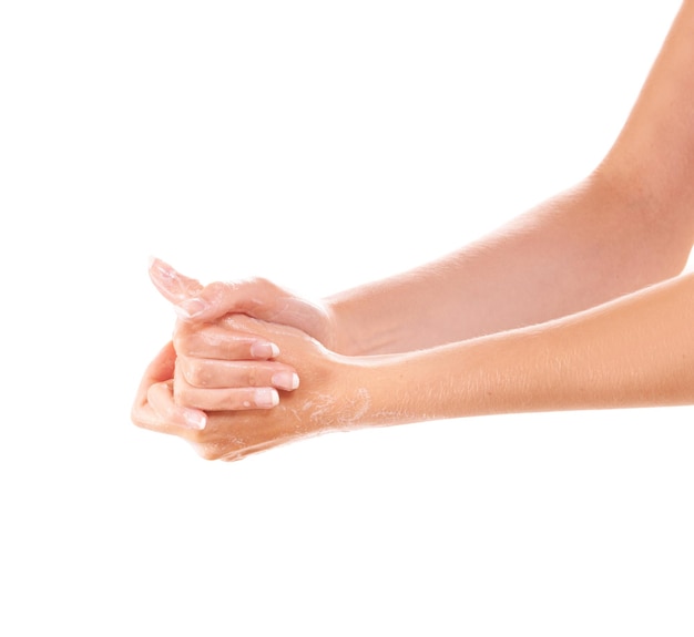 Skincare cleaning and washing hands with foam closeup in studio isolated on a white background mockup space Fingers nails and woman with soap dermatology or bacteria prevention hygiene or health