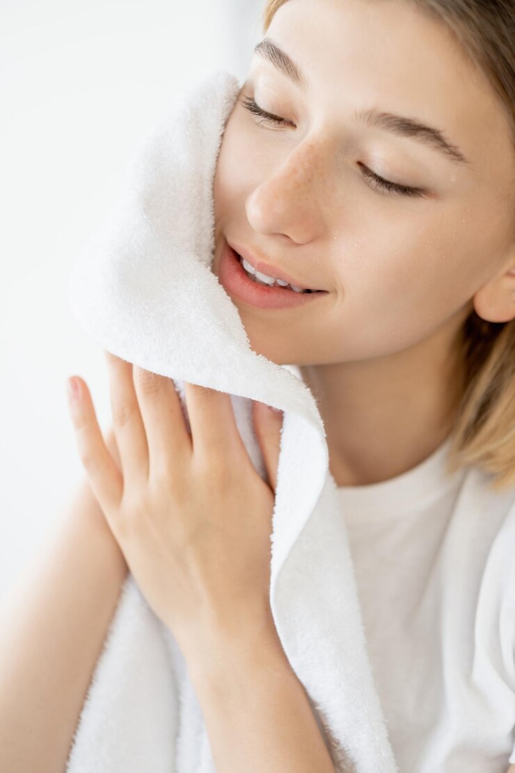 Photo 스킨케어 클렌징 모닝 트리트먼트 위생 웰빙 배경에 수건으로 신선하고 빛나는 얼굴 피부를 건조하는 만족스러운 차분한 여성