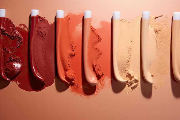 Skincare cosmetic swatches on a red background