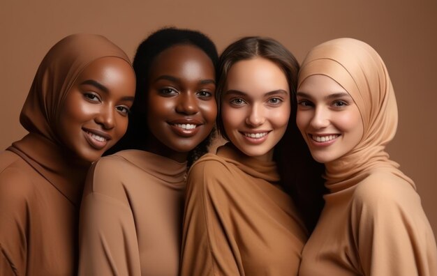 Skincare diversity and women hug portrait for inclusivity happiness and healthy skin texture interracial beauty and model group with woman in hijab smile for cosmetic campaign in brown studio