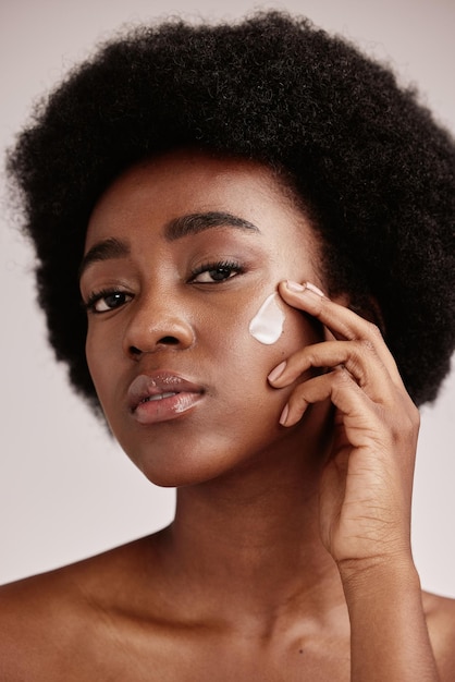 Skincare face and portrait of black woman with lotion afro and advertising luxury skin care with collagen product promotion Dermatology cosmetic and facial for model isolated on studio background