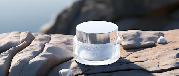 a skincare gel mockup sitting on a rock in the style of light white and silver