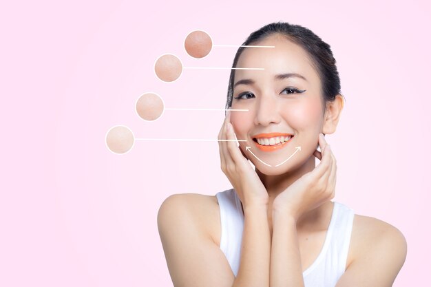 Photo skincare and health concept - beautiful young woman face with bright over circles for advertising