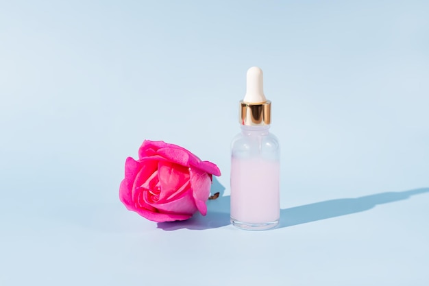 Skincare natural rose essential oil product Pink rose petals and cosmetic glass bottle with dropper for moisturizing serum anti aging product