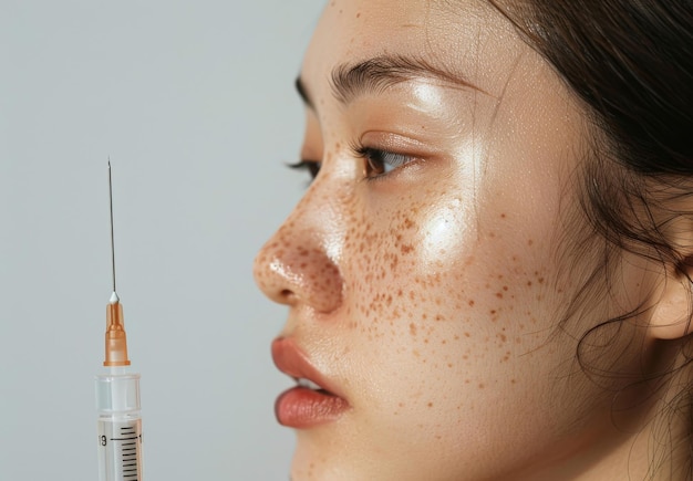 Skincare needle and asian woman in studio with cosmetic collagen filler for facial hydrate routine