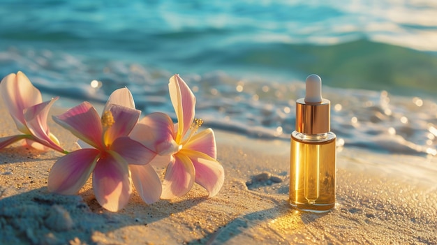 A skincare oil bottle accompanied by tropical flowers set on a serene beach