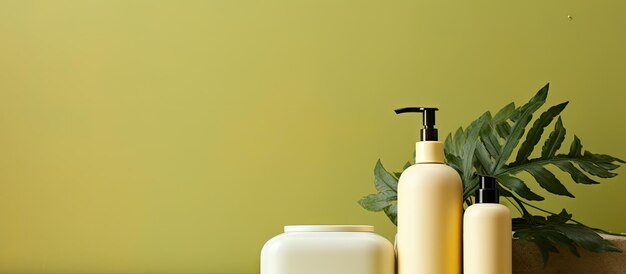 Photo skincare products placed on a green table with a yellow wall background inside a home bathroom