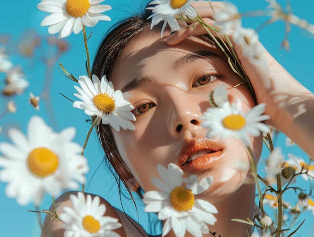 Foto skincare redactionele shoot van een aziatisch model met madeliefjes voor een blauwe achtergrond