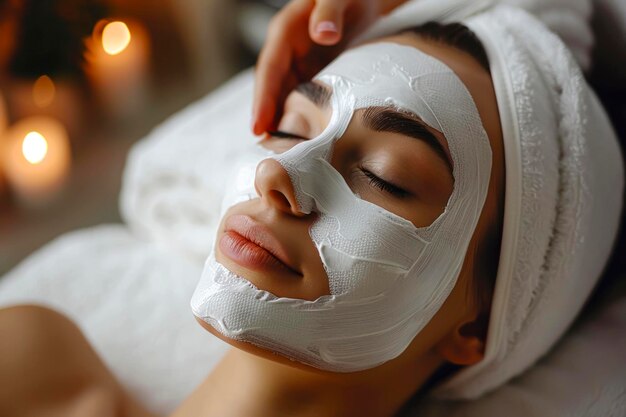 Фото Специалист по уходу за кожей в спа-салоне, улучшающий уход за лицом с помощью маски для расслабления клиента молодая женщина, наслаждающаяся пилингом и антиоксидантной красотой ритуальная концепция ухода за кожей
