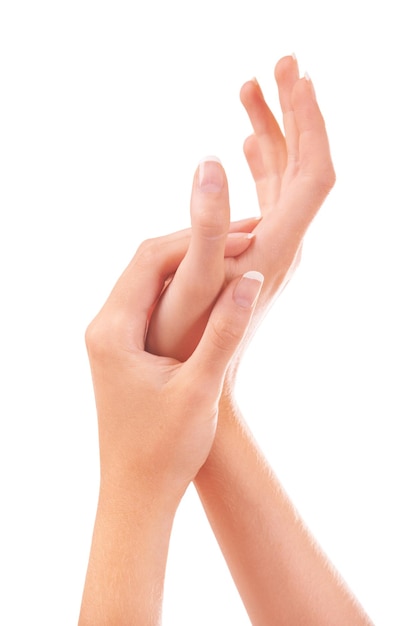 사진 스킨 케어: 백색 배경에 고립된 스튜디오에서 손과 손가락을 만지기 스파 치료에서 여성의 손가락 매니큐어 및 손바닥 자연 화장품 또는 피부학 아름다움 건강 및 웰빙