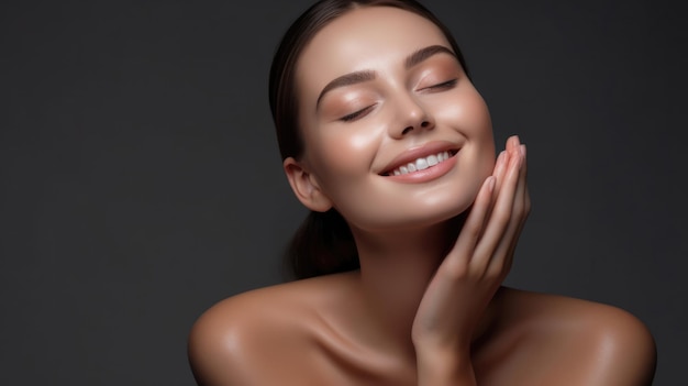 Skincare wellness and hand on face of woman in studio for cosmetology cleaning and results on grey background