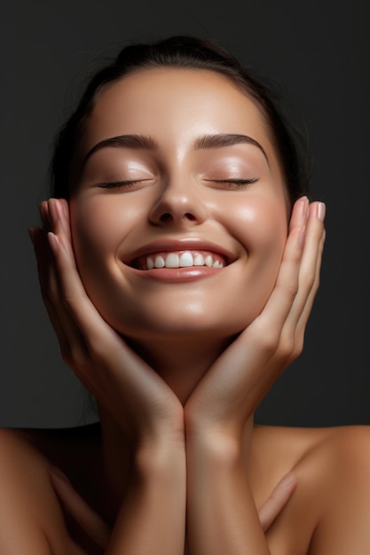 Skincare wellness and hand on face of woman in studio for cosmetology cleaning and results on grey background