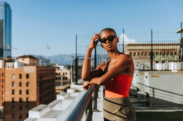 Skinhead girl at a LA rooftop