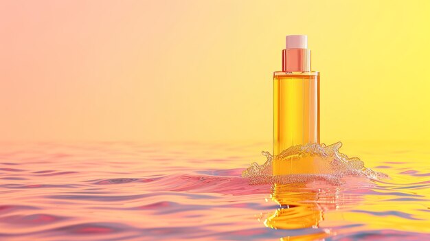 Skinhydrating serum staat in water tegen een roze gele achtergrond