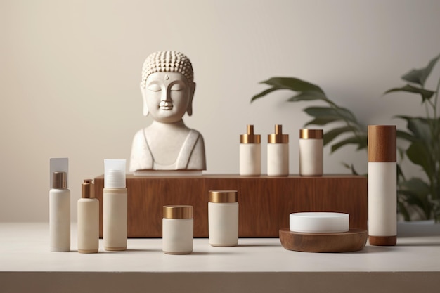 Skinimalism or skin minimalism concept Set of cosmetics in zen style buddha statue