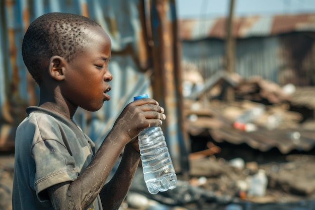 Skinny African boy with a bottle of water in the slums Lack of water crisis thirst