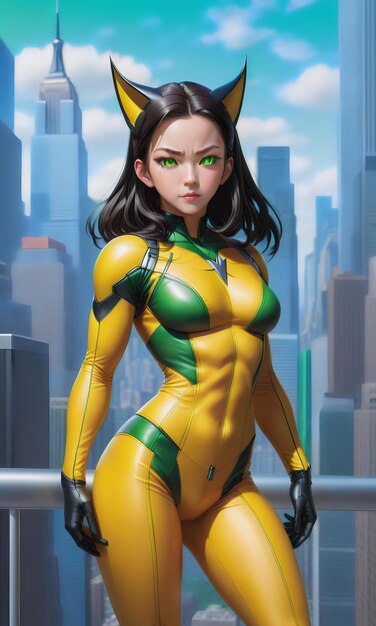 Skintight female yellow wolverine suit with new york background