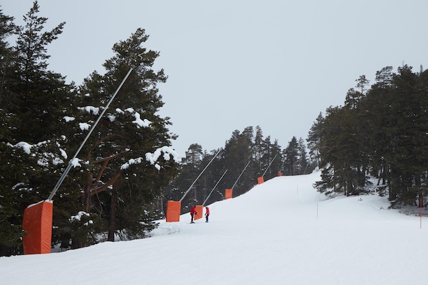 Skipiste snowboardbaan bos sneeuwkanonnen in skigebied wintersneeuwweg in de sneeuw