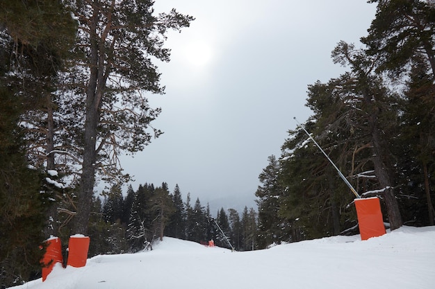Skipiste snowboardbaan bos sneeuwkanonnen in skigebied wintersneeuwweg in de sneeuw