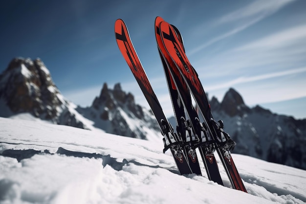 Skis in the snow mountains Skiing equipment with montane froze icy panorama background Generate ai