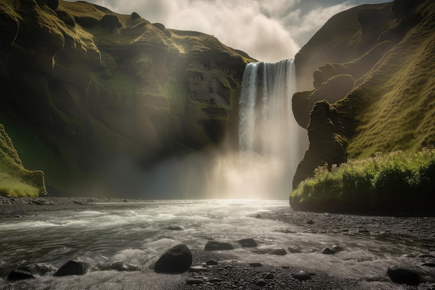 Skogafoss Torrent Majestic waterval omringende mist Weelderige natuur generatieve IA