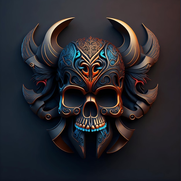 Skull 3D Illustration with Ornamental tribal chrome style