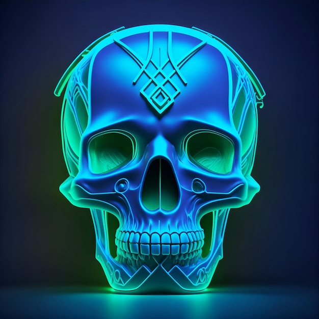 Skull 3D Illustration with Ornamental tribal neon style